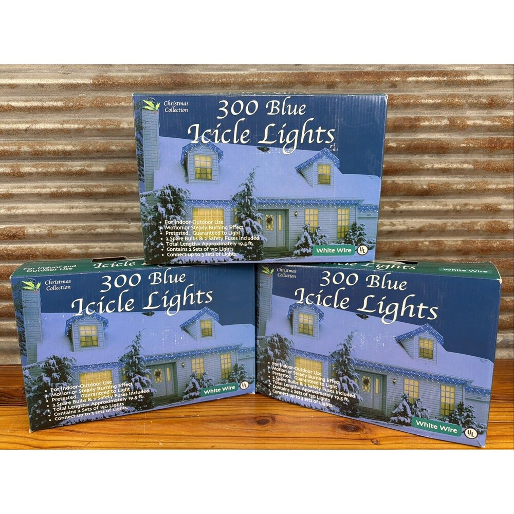 300 Blue Icicle Lights ~ White Wire Christmas Collection LOT of 3-NEW!